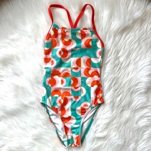 Sporti x Alys Walsh Retro Geometric One Piece Swimsuit Teal Orange Pink Size 26